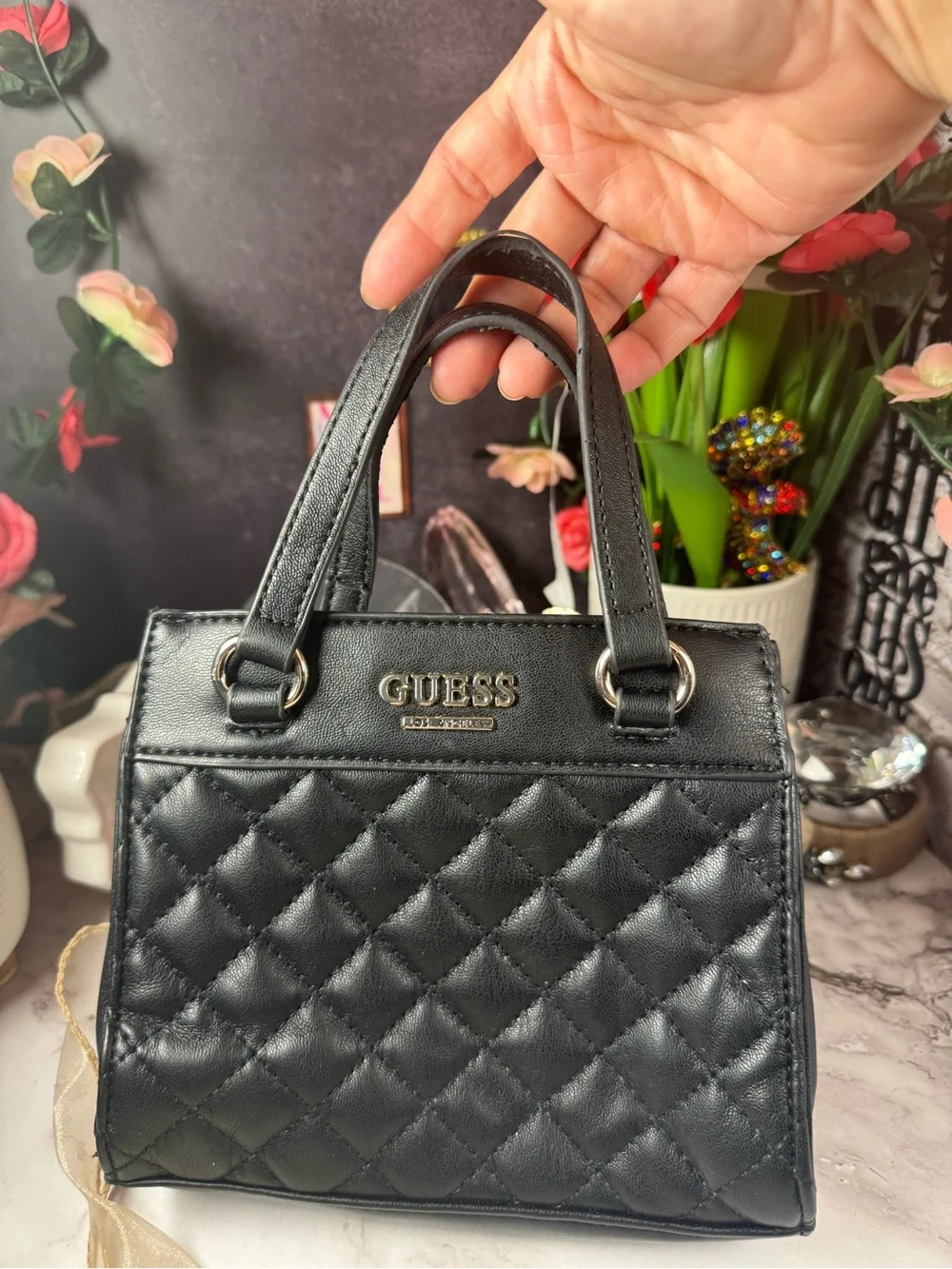 GUESS Small Black Quilted Satchel with Gold Hardware